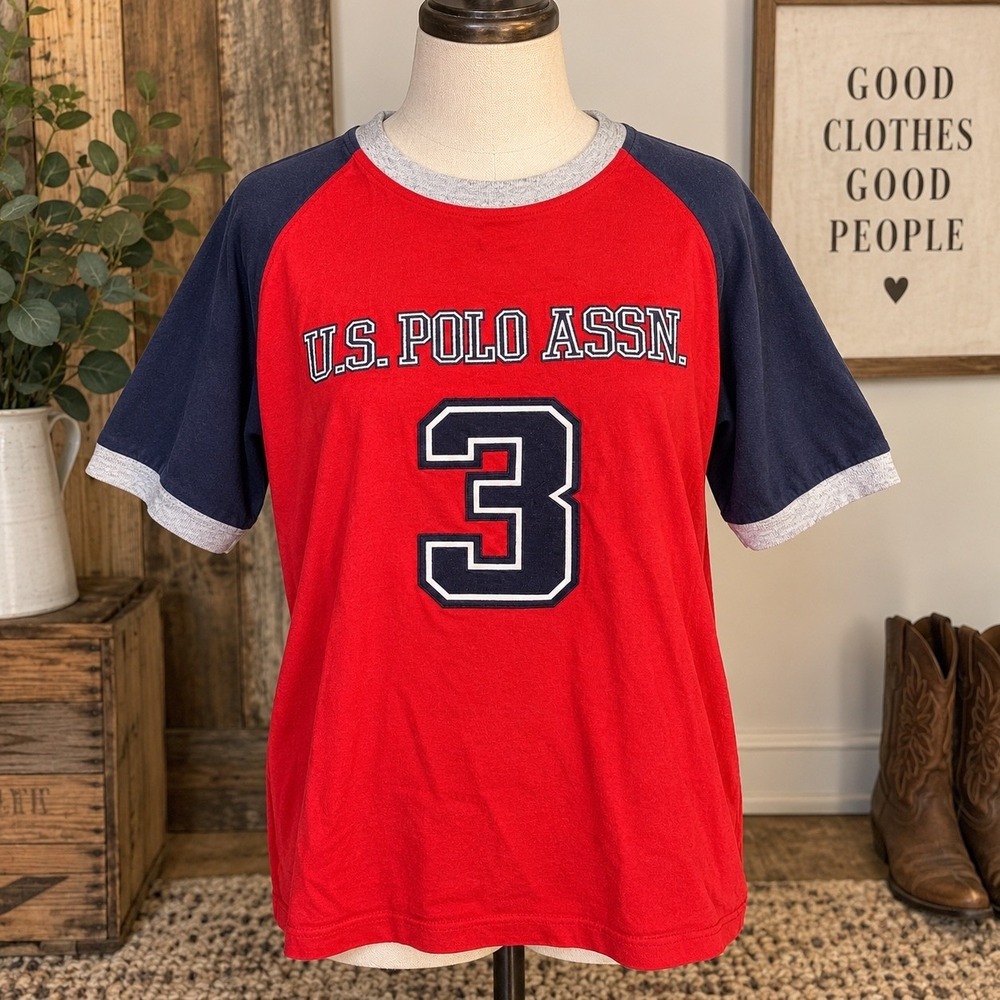 US Polo Assn Mens Red Navy Raglan T-Shirt Embroidered Number 3 Graphic Tee L